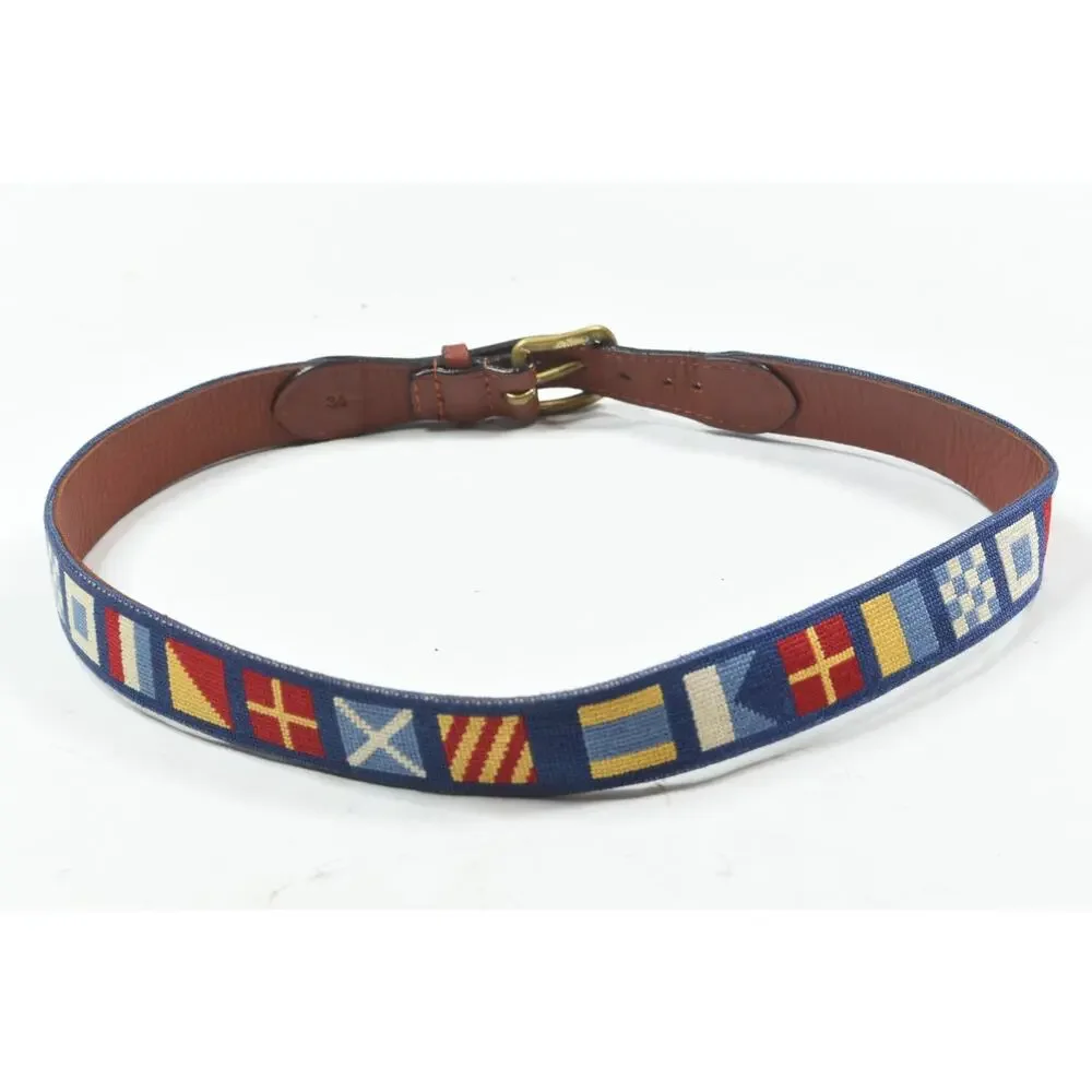 Smathers & Branson Yachting Belt Mens 34 Blue Stitched Flags Leather